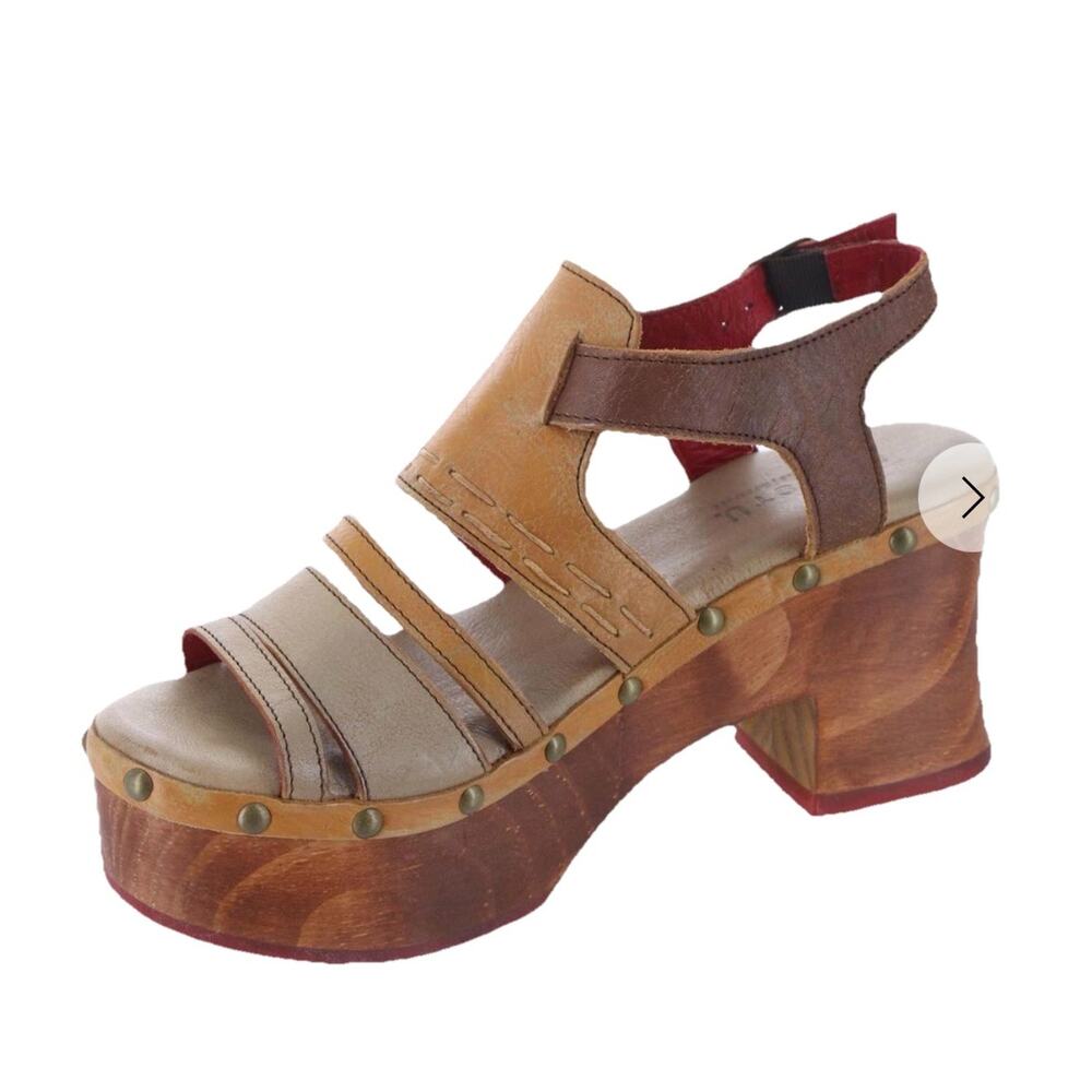Bed Stu Womens 7.5 Falabella Leather Wood Block Heel Platform Sandals Boho New